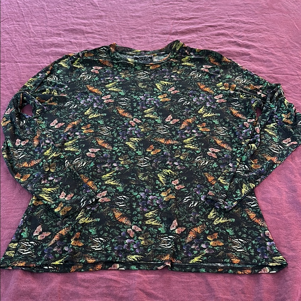 Johnny Was XXL Black Multicolor Butterfly Floral MESH  long sleeve tee top